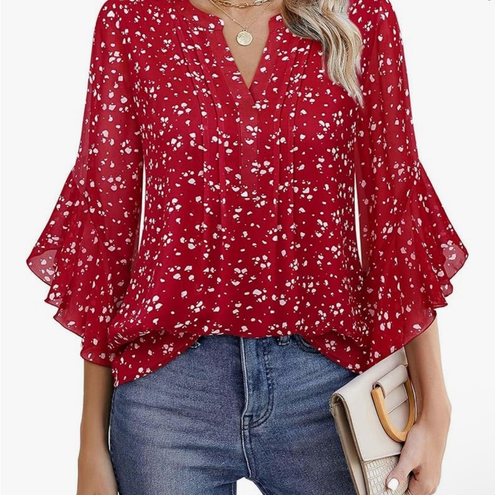 Chic Red Floral Blouse with Ruffle Sleeves